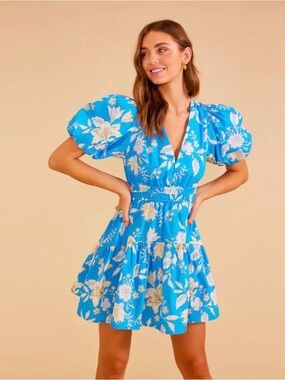 MINKPINK Blue Floral Puff-Sleeve Tiered Mini Dress